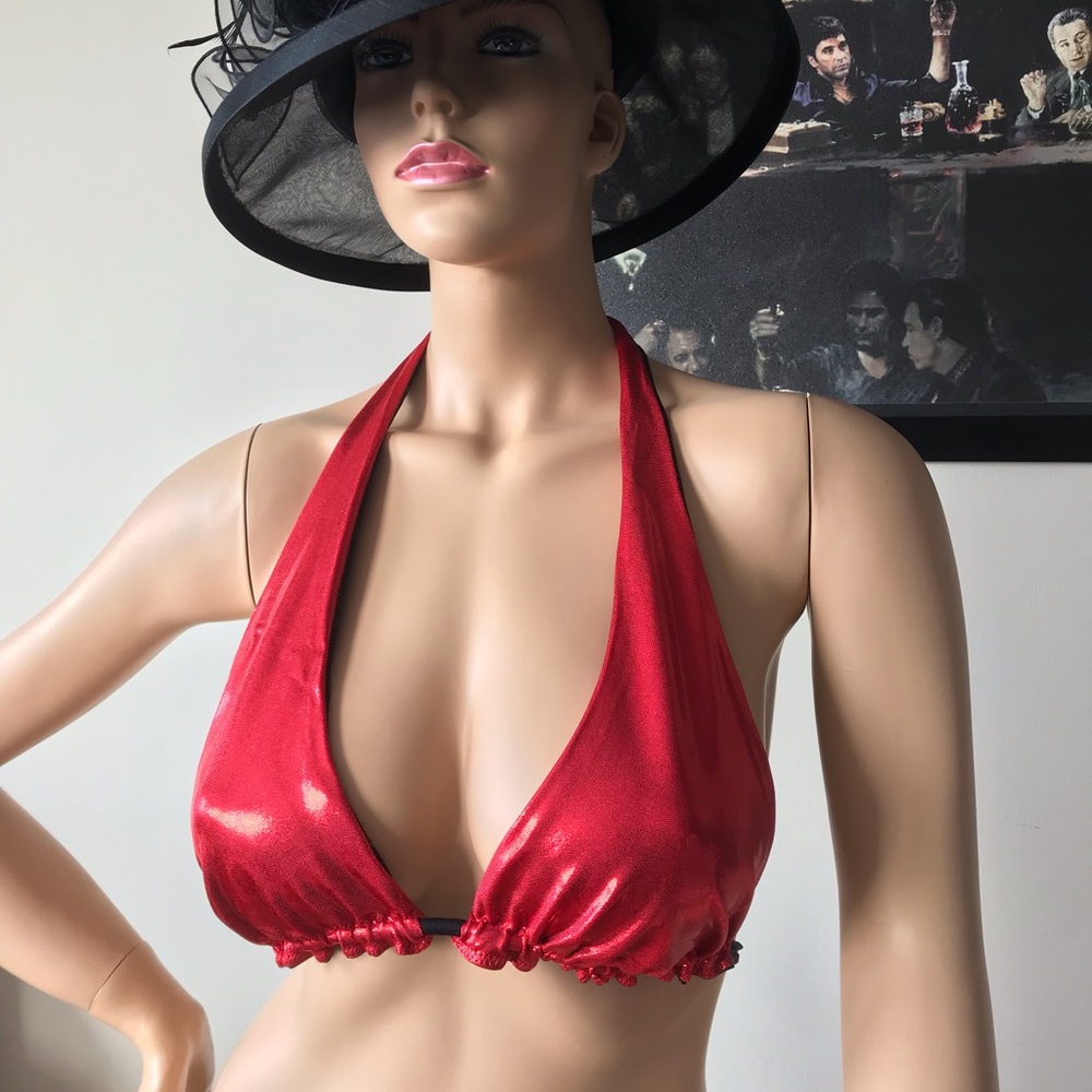 Red shimmer halter bikini top